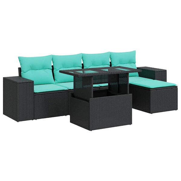 vidaXL Salon de jardin 6 pcs avec coussins noir r&eacute;sine tress&eacute;e acacia