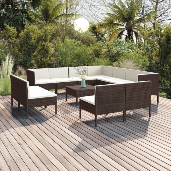 vidaXL Salon de jardin 12 pcs avec coussins R&eacute;sine tress&eacute;e Marron