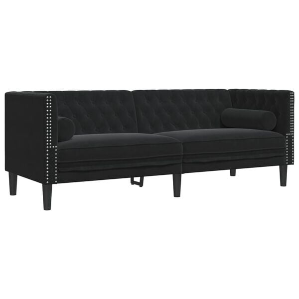 vidaXL Canapé Chesterfield avec traversins 3 places noir velours