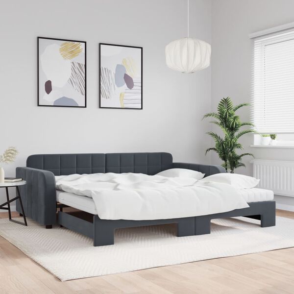 vidaXL Lit de jour et gigogne et matelas gris fonc&eacute; 100x200 cm velours
