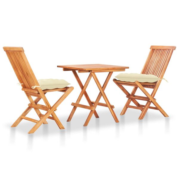 vidaXL Ensemble de bistro 3 pcs avec coussins blanc cr&egrave;me Bois de teck