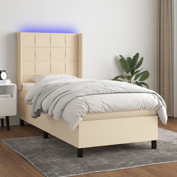vidaXL Sommier &agrave; lattes de lit matelas et LED Cr&egrave;me 90x190 cm Tissu