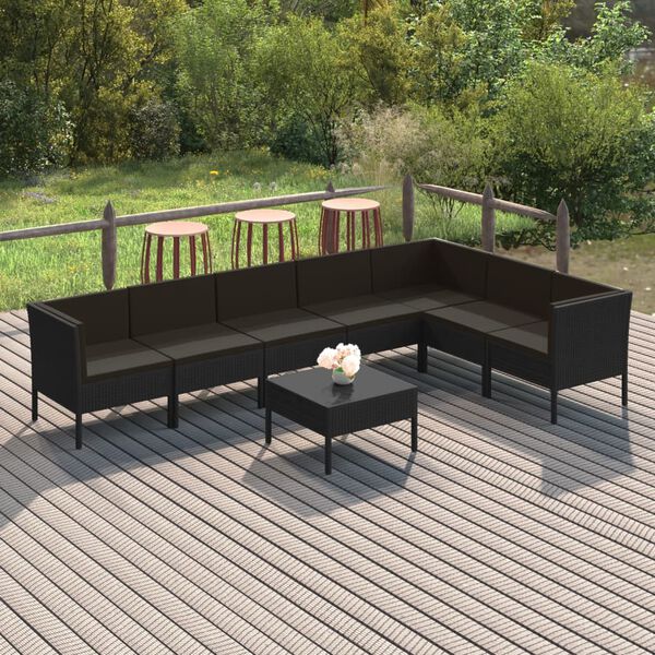 vidaXL Salon de jardin 8 pcs avec coussins r&eacute;sine tress&eacute;e noir