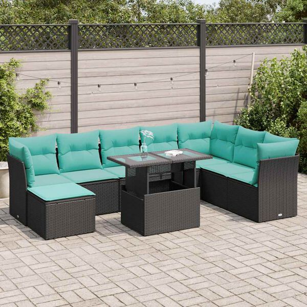 vidaXL Salon de jardin avec coussins 9 pcs noir r&eacute;sine tress&eacute;e acacia