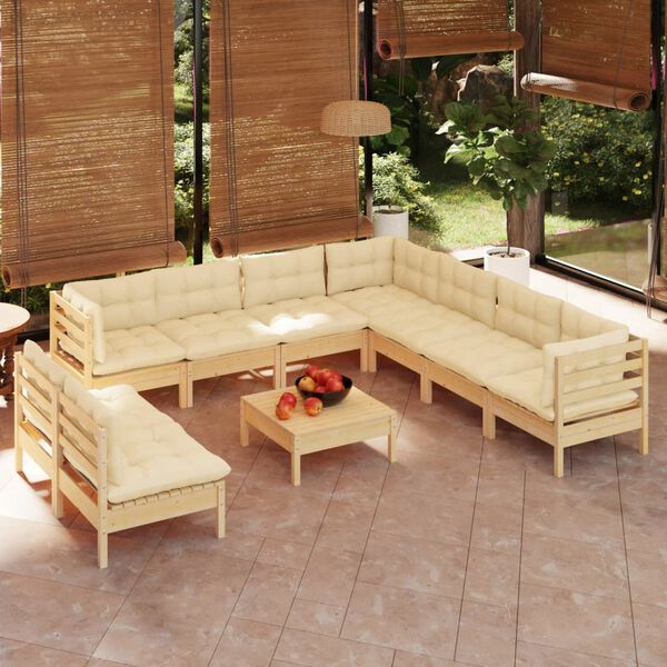 vidaXL Salon de jardin 10 pcs avec coussins cr&egrave;me bois de pin massif