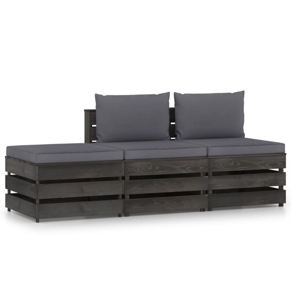 vidaXL Salon de jardin 3 pcs avec coussins Bois impr&eacute;gn&eacute; de gris