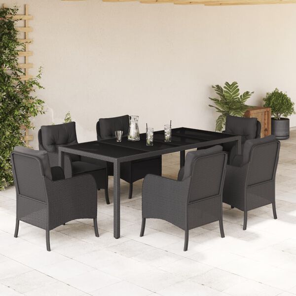 vidaXL Ensemble &agrave; manger de jardin coussins 7pcs Noir R&eacute;sine tress&eacute;e