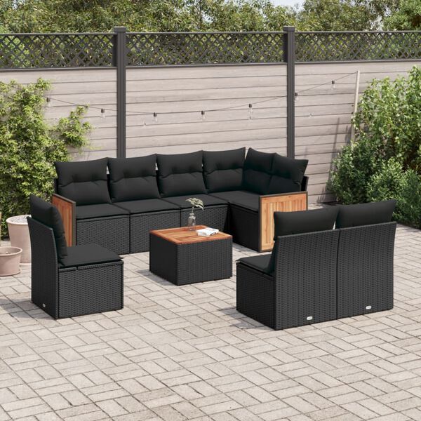 vidaXL Salon de jardin 9 pcs avec coussins noir r&eacute;sine tress&eacute;e