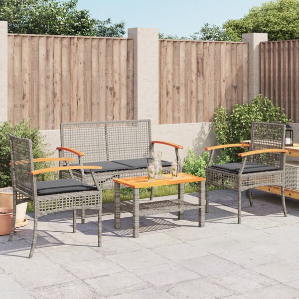 vidaXL Salon de jardin 4 pcs avec coussins Gris R&eacute;sine tress&eacute;e