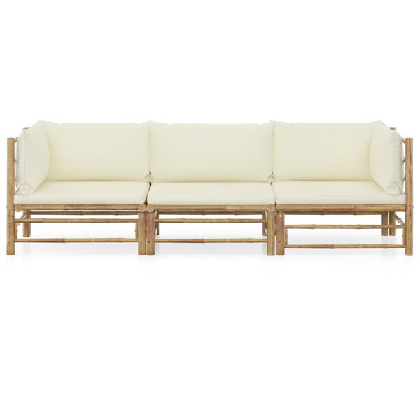 vidaXL Salon de jardin 3 pcs avec coussins blanc crème bambou