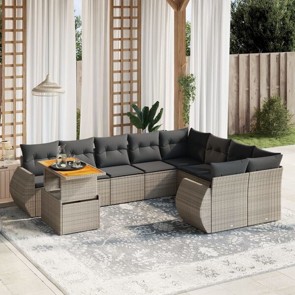 vidaXL Salon de jardin avec coussins 10 pcs gris r&eacute;sine tress&eacute;e