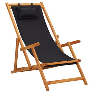 vidaXL Chaise pliante en bois d'eucalyptus massif et tissu noir