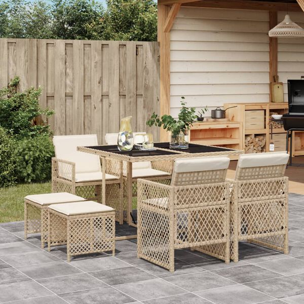 vidaXL Ensemble &agrave; manger de jardin et coussins 9 pcs beige Poly rotin