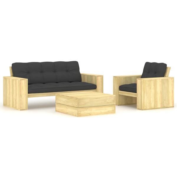 vidaXL Salon de jardin 3 pcs avec coussins bois de pin impr&eacute;gn&eacute;