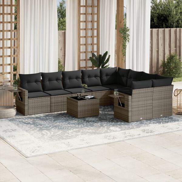 vidaXL Salon de jardin avec coussins 10 pcs gris r&eacute;sine tress&eacute;e