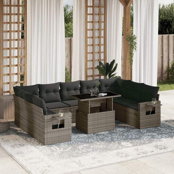 vidaXL Salon de jardin avec coussins 10 pcs gris r&eacute;sine tress&eacute;e