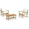 vidaXL Salon de jardin 3 pcs avec coussins blanc cr&egrave;me bambou