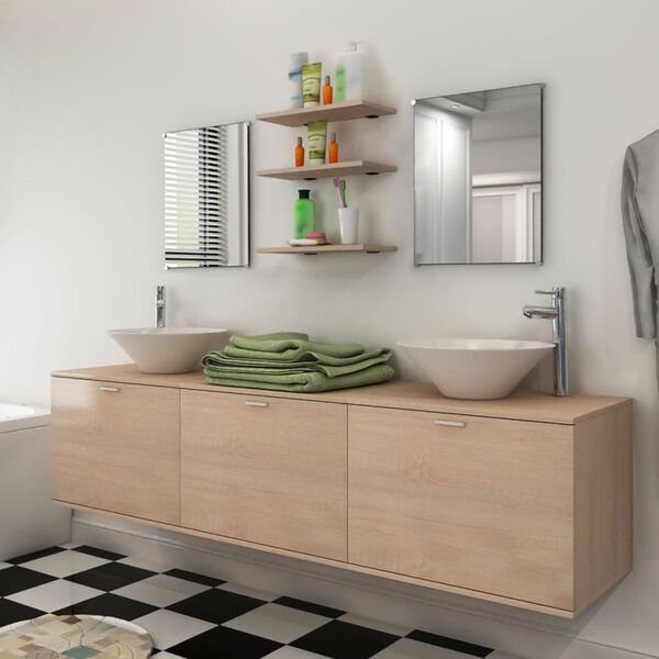 vidaXL Dix pi&egrave;ces pour salle de bains avec lavabo et robinet beige