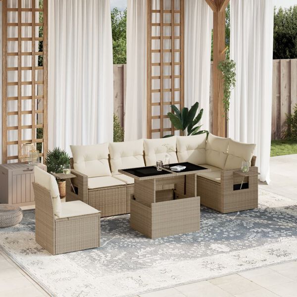 vidaXL Salon de jardin avec coussins 7 pcs beige r&eacute;sine tress&eacute;e