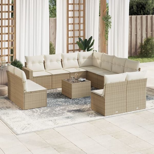 vidaXL Salon de jardin avec coussins 12 pcs beige r&eacute;sine tress&eacute;e