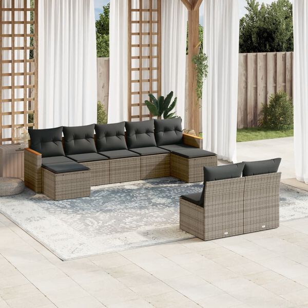 vidaXL Salon de jardin 9 pcs avec coussins gris r&eacute;sine tress&eacute;e