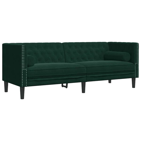 vidaXL Canap&eacute; Chesterfield avec traversins 3 places vert fonc&eacute; velours