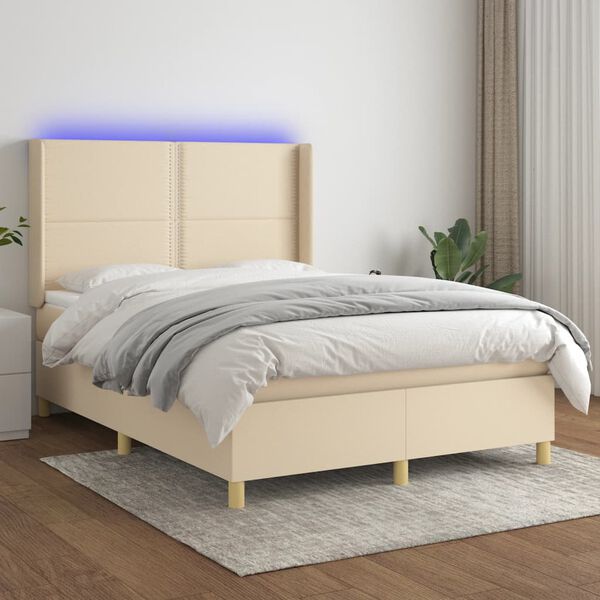 vidaXL Sommier &agrave; lattes de lit matelas et LED Cr&egrave;me 140x200 cm Tissu