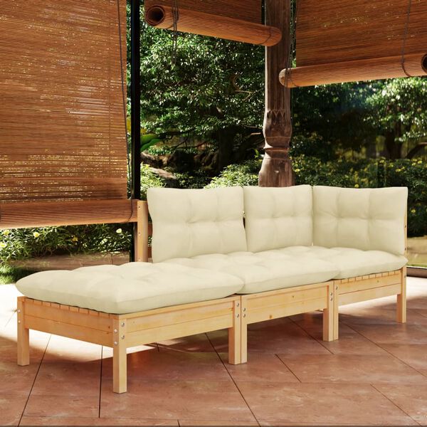 vidaXL Salon de jardin 3 pcs avec coussins crème Bois de pin massif