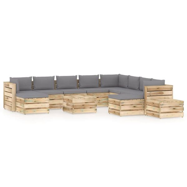 vidaXL Salon de jardin 12 pcs avec coussins Bois impr&eacute;gn&eacute; de vert