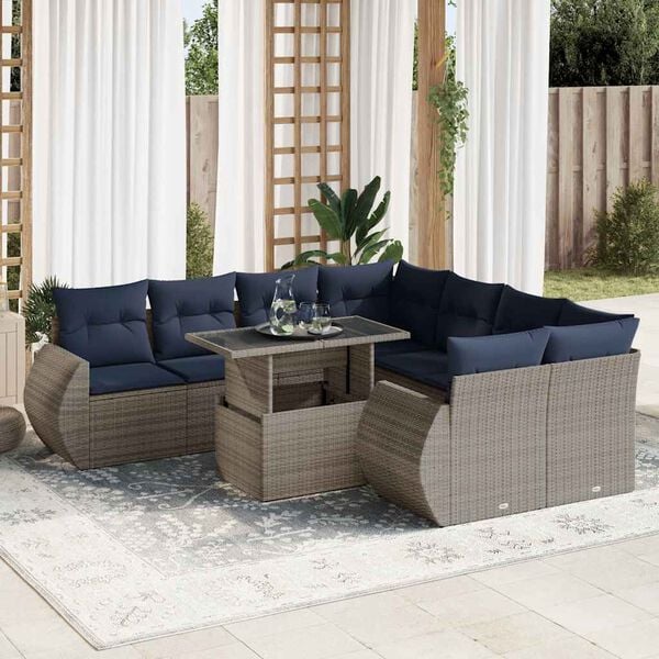 vidaXL Salon de jardin avec coussins 9 pcs gris r&eacute;sine tress&eacute;e acacia