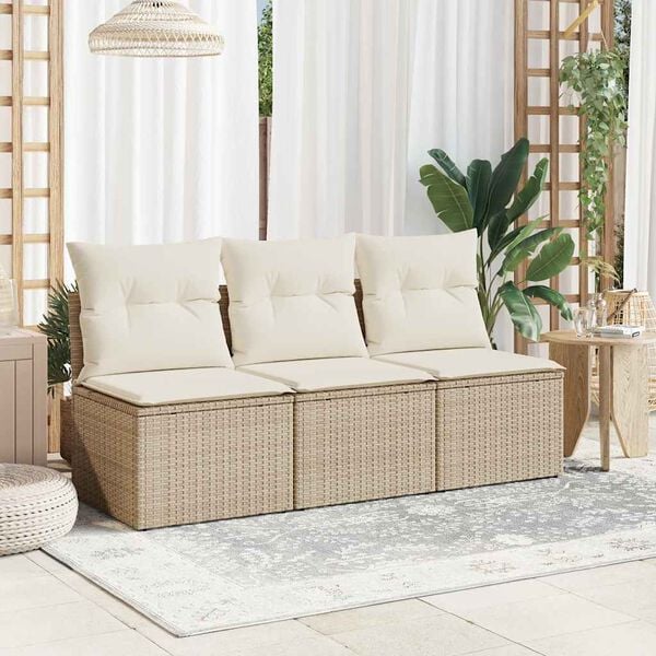vidaXL Canap&eacute; de jardin avec coussins 3 places beige r&eacute;sine tress&eacute;e