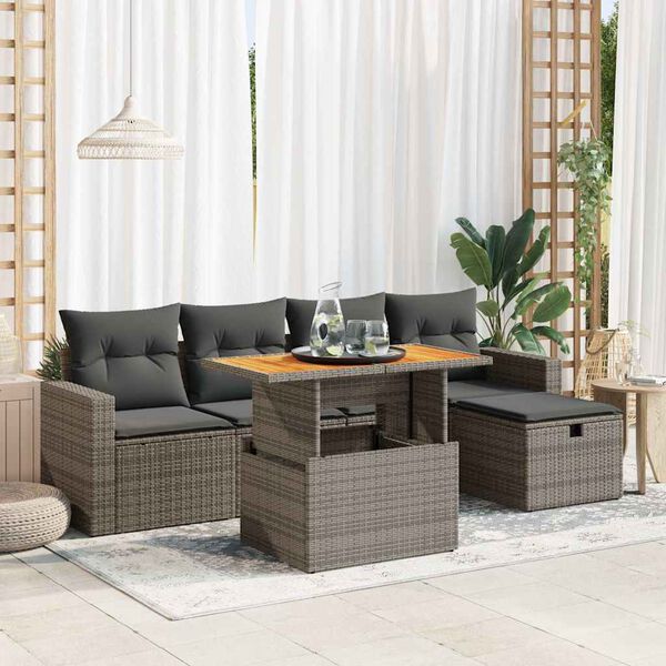 vidaXL Salon de jardin avec coussins 6 pcs gris r&eacute;sine tress&eacute;e acacia
