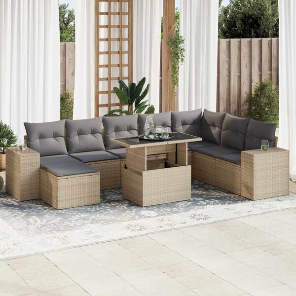 vidaXL Salon de jardin avec coussins 9 pcs beige r&eacute;sine tress&eacute;e