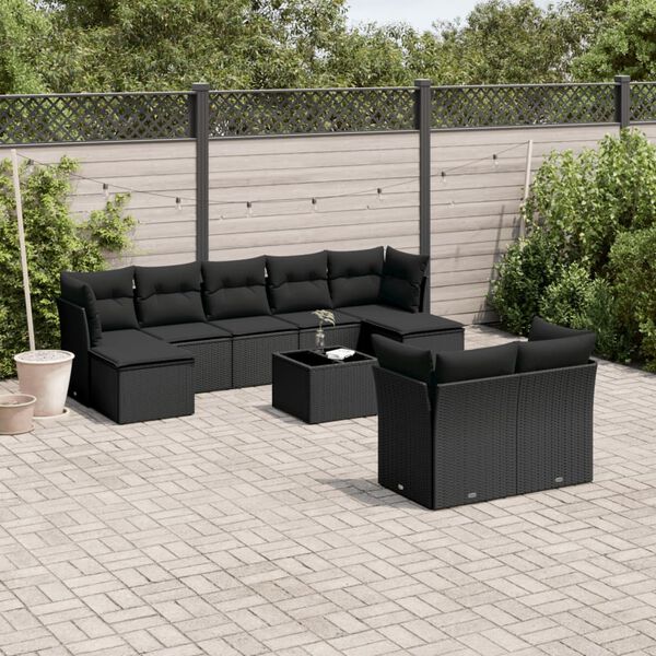 vidaXL Salon de jardin 10 pcs avec coussins noir r&eacute;sine tress&eacute;e