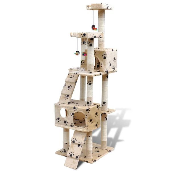 Arbre à chat 170 cm en beige avec motif d'empreinte de patte2 niches
