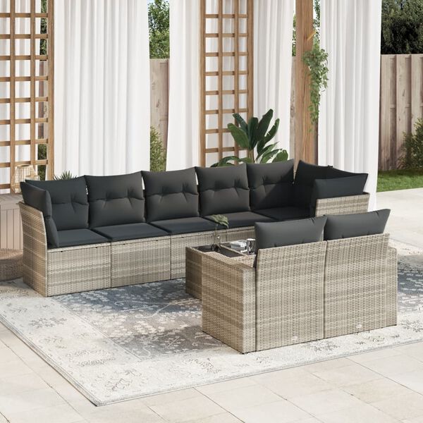 vidaXL Salon de jardin 9 pcs avec coussins gris clair r&eacute;sine tress&eacute;e