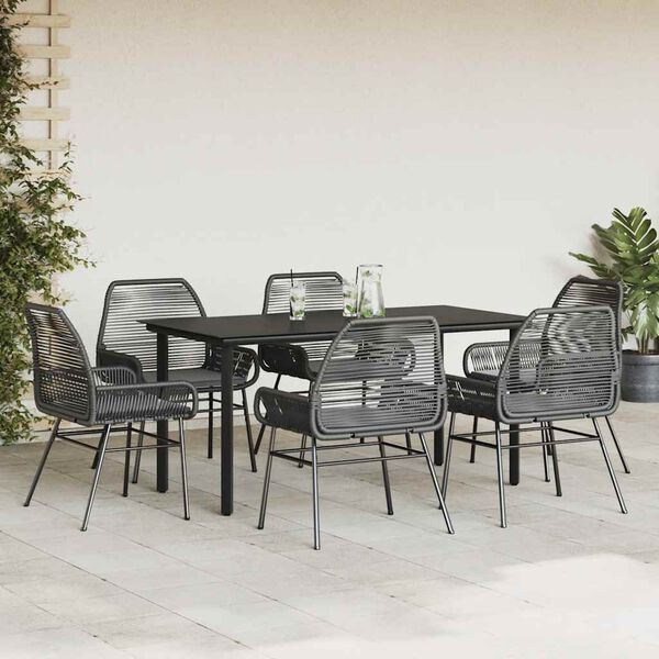 vidaXL Ensemble &agrave; manger de jardin coussins 7pcs noir poly rotin verre