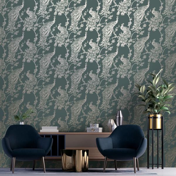 DUTCH WALLCOVERINGS Papier peint Paon Vert et argent&eacute;