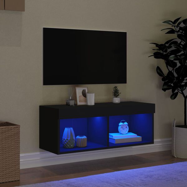 vidaXL Meuble TV avec lumi&egrave;res LED noir 80x30x30 cm