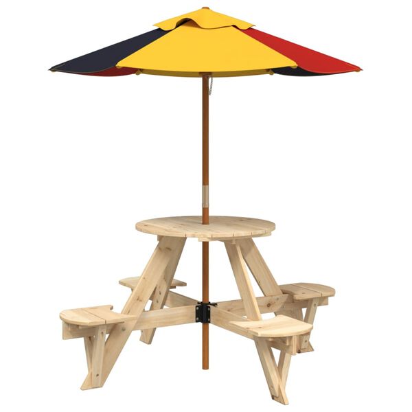 vidaXL Table de pique-nique pour 4 enfants avec parasol rond sapin