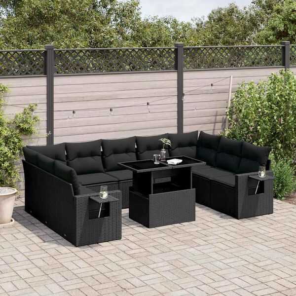 vidaXL Salon de jardin 10 pcs avec coussins noir r&eacute;sine tress&eacute;e