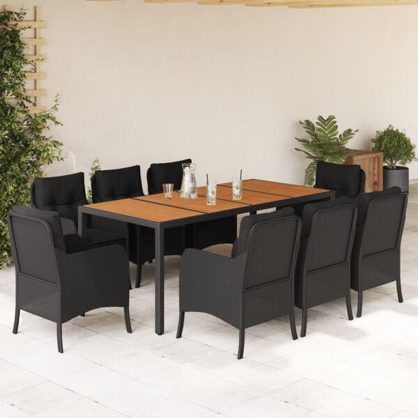 vidaXL Ensemble &agrave; manger de jardin 9pcs coussins noir r&eacute;sine tress&eacute;e