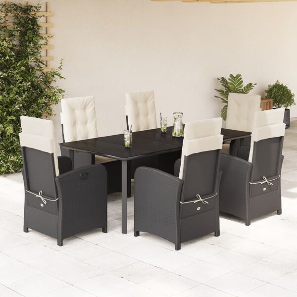 vidaXL Ensemble &agrave; manger de jardin coussins 7pcs Noir R&eacute;sine tress&eacute;e