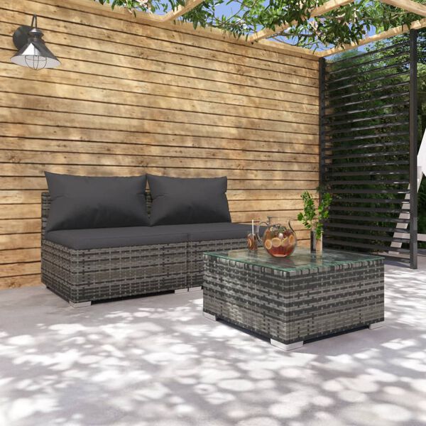 vidaXL Salon de jardin 3 pcs avec coussins R&eacute;sine tress&eacute;e Gris