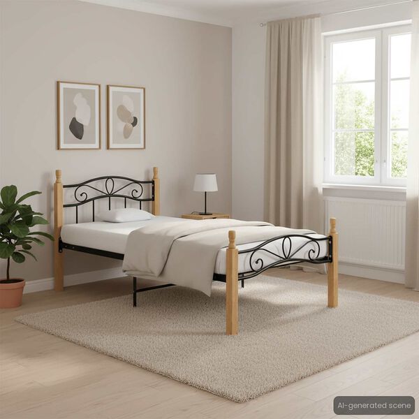 vidaXL Cadre de lit sans matelas noir m&eacute;tal bois ch&ecirc;ne massif 90x200cm