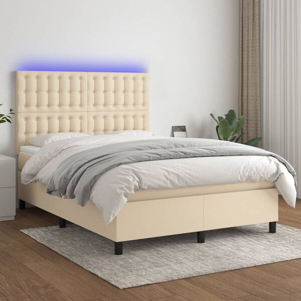 vidaXL Sommier &agrave; lattes de lit et matelas et LED Cr&egrave;me 140x200cm Tissu