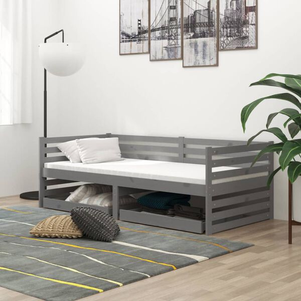 vidaXL Lit de repos avec tiroirs 90x200 cm Gris Bois de pin massif