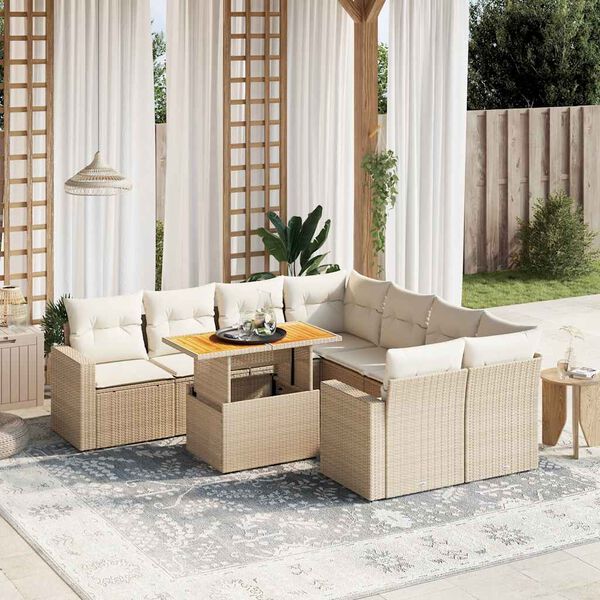 vidaXL Salon de jardin avec coussins 9 pcs beige r&eacute;sine tress&eacute;e