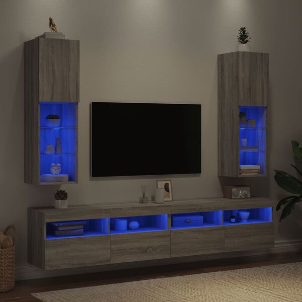 vidaXL Meubles TV avec lumi&egrave;res LED 2 pcs sonoma gris 30,5x30x102 cm