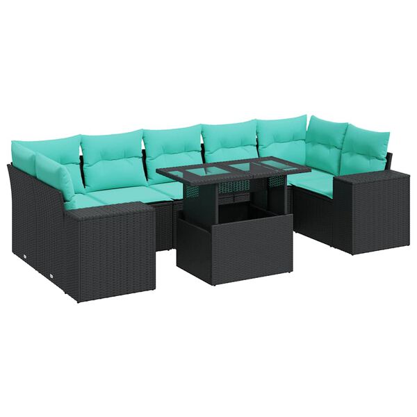 vidaXL Salon de jardin avec coussins 8 pcs noir r&eacute;sine tress&eacute;e acacia